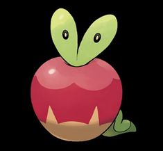 an apple with big eyes sitting on top of it's side, and its mouth open