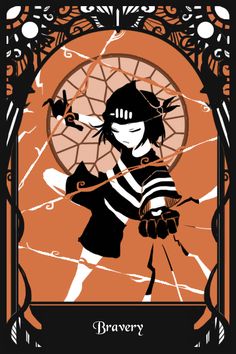 an orange and black poster with a girl holding a bow