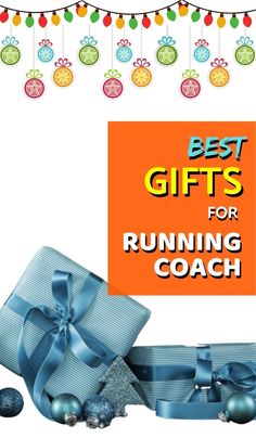 the best gifts for running coach are on display in front of an orange banner with blue ribbon