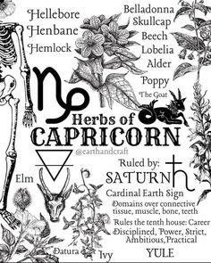 the zodiac sign for capricorn is shown in black and white, surrounded by flowers