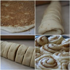 four pictures showing different stages of making pizzas and doughnuts with cinnamon rolls