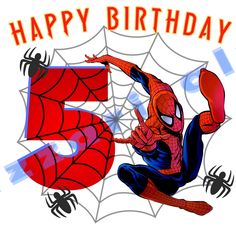 a spiderman birthday card with the number five in front of him and his name on it