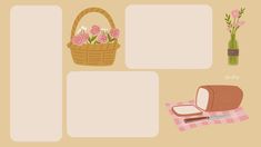 there are flowers in the basket and bread on the table next to it is an empty notepad