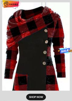 Checked/plaid Casual Cowl Neck Knitting Dress Long Sleeve Patchwork Sweater Dress For Fall, Casual Long Sleeve Plaid Dress For Fall, Black Long Sleeve Plaid Dress, Casual Plaid Dress For Fall, Fall Plaid Dresses With Buttons, Plaid Patchwork Dress For Fall, Fall Plaid Patchwork Dress, Red Long Sleeve Plaid Dress, Winter Plaid Long Sleeve Dress