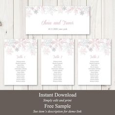 wedding seating cards with snowflakes on them, and the text instant printable