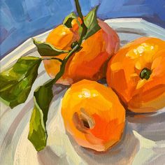 an oil painting of oranges on a plate