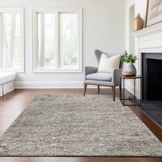 a living room with white walls and hardwood floors, a fireplace, and a large rug