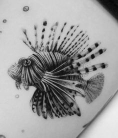 a black and white photo of a lionfish on the side of a woman's stomach