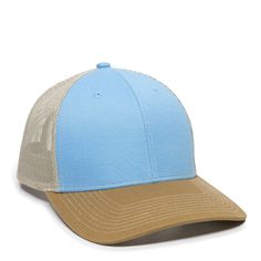 Outdoor Cap Ultimate Trucker Cap - LT BLUE/KHAKI/OLD GOLD - ONE SIZE | Outdoor Cap Ultimate Trucker in Light Blue/khaki/old Gold | Mesh Outdoor Cap, Mesh Hat, Blue Khakis, Popular Colors, Fitted Caps, Mesh Panel, Cap Design, Wholesale Clothing, Metal Buckles