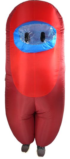 an inflatable red and blue object with two eyes on it's face