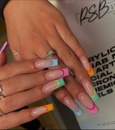 Nails And Rings, Unghie Sfumate, Spring Acrylic Nails, French Tip Acrylic Nails, Simple Acrylic Nails, Long Acrylic Nails Coffin, Acrylic Nails Coffin Short, Summer Acrylic Nails, Rainbow Nails