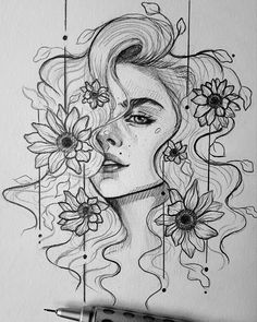 a drawing of a woman's face with flowers in her hair and on the side