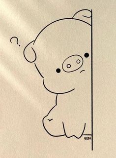 a drawing of a pig peeking out from behind a pole