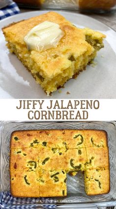 two pictures showing different types of cornbreads on plates and in pans with the same topping