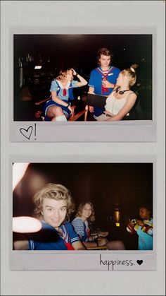 two polaroid photos of people sitting at a table