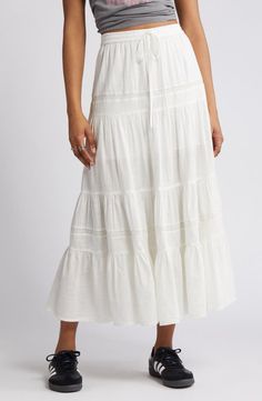 BP. Tiered Cotton Maxi Skirt | Nordstrom White Eyelet Skirt, Next 6 Months, Cotton Maxi Skirt, White Long Skirt, Maxi Skirt Style, White Pleated Skirt, Cotton Maxi Skirts, White Maxi Skirts, Long Denim Skirt