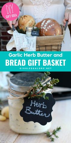 garlic herb butter and bread gift basket in a mason jar with chalkboard labels on it