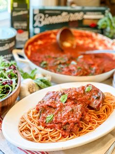 a plate of spaghetti with tomato sauce and parmesan cheese on the side next to a bowl of basil