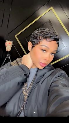 Jayda Pixie Cut, Pixie Finger Waves Black Women, Pixie Haircut Fashion Outfits, Pixie Haircut On Natural Black Hair, Curly Perm Short Hair, Short Hairstyle On Black Women, Chocolate Brown Pixie Cut Black Women, Jayda Wayda Pixie Cut, Slicked Pixie Cut