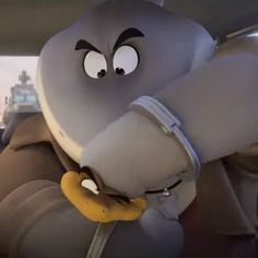 an animated character is sitting in the back seat of a car