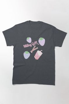 Purple strawberries with a kawaii juice box and chocolate stick candy. strawberry milk aesthetic tshirt. Strawberry Milk Aesthetic, Purple Strawberries, Milk Aesthetic, Candy Strawberry, Stick Candy, Purple Strawberry, Aesthetic Tshirt