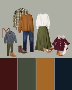 an assortment of clothes and shoes with color swatches in different colors, including brown, green