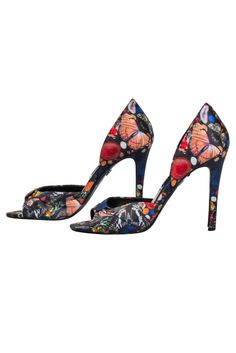 Step into a world of whimsy with these Alice & Olivia butterfly print pumps! The playful pattern and pleated peep toe add a pop of fun to any going out look. These heels are perfect for a night out or to spice up your everyday style. Size 9 (39) Fabric upper Leather sole and lining Slip on Peep toe Pleated toe detail Wear on soles Heel height 4.5" Spring Evening Heels With Floral Print, Spring Evening Floral Print Heels, Multicolor Fitted Heels For Spring, Spring Multicolor Fitted Heels, Multicolor Floral Print Heels For Spring, Floral Print Heels For Spring, Fitted Floral Print Heels For Spring, Summer Blue Floral Print Heels, Summer Multicolor Floral Print Heels