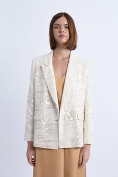 Pairs best with the Molly Bracken sequin pants. Or keep it casual with a pair of denim! Sequin Jacket Outfit, Sequin Blazer Outfit, Tuxedo Collar, Sequin Pant, Sequin Pants, Sequin Blazer, White Cherries, Sequin Jacket, One Clothing