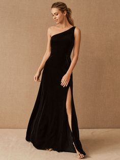 Black Evening Dress A-Line One-Shoulder Velour Floor-Length Split Front Social Party Dresses Formal Dresses Wedding Guest, Formal Dresses Wedding, Black Tie Event Dresses, Updo Ideas, Black Evening Dress, Dresses Wedding Guest, Black Bridesmaids, Velvet Maxi Dress, Occasion Dresses Wedding