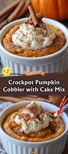 two bowls filled with pumpkin cobbler cake mix and topped with whipped cream on top