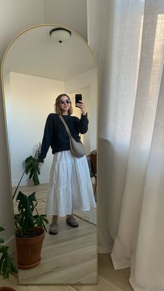 Maxi white skirt, grey sweater, mule clogs and socks Crocs Crush Clog Outfit, Clogs And Socks, Maxi White Skirt, Clogs Outfit, White Maxi, White Skirt, White Skirts