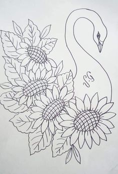 a drawing of a flamingo and sunflowers