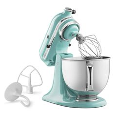 a blue mixer with a whisk attachment next to it