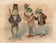 three frogs dressed in fancy clothing standing next to each other and one frog wearing a top hat