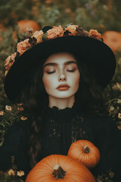 a woman wearing a black hat with flowers on her head and holding two pumpkins