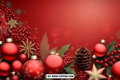 a red christmas background with ornaments and pine cones