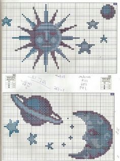 two cross stitch pictures with the same pattern as shown in this page, one is blue and