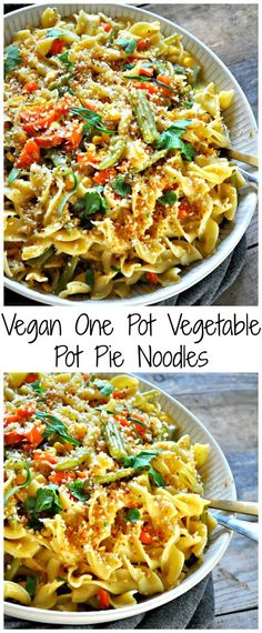 two pictures showing different types of pasta in a bowl and one with vegetables on top