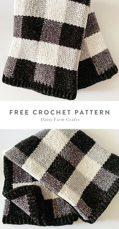 two knitted black and white squares with text that reads free crochet pattern daily farm crafts