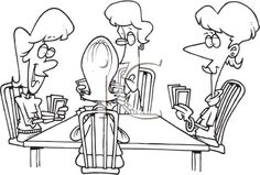 cartoon black and white line drawing of three women sitting at a table talking to each other