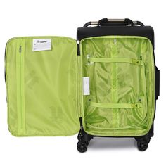 an open green suitcase with wheels and zippers on the side, sitting in front of a white background