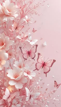 pink flowers and butterflies against a light pink background