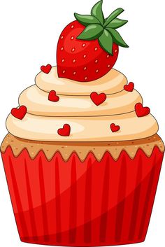 a cupcake with cream frosting and a strawberry on top