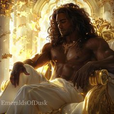 a man with long hair sitting on a gold chair