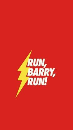 the logo for run, barry, run on a red background with yellow and white lightning