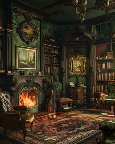 a living room filled with furniture and a fire place next to a bookshelf