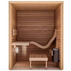 the inside of a sauna with two benches and a trash can on the side