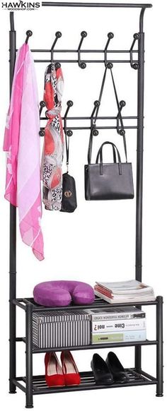 a rack with shoes, purses and handbags on it