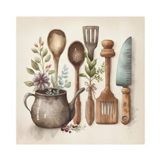 a painting of kitchen utensils and spoons on a white background with flowers