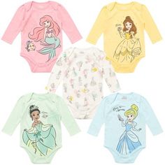 Give your little one the gift of Disney magic with this cute and comfy Disney 5 Pack Bodysuits! These stylish clothes feature adorable artwork of the Disney characters you love from iconic movies like The Aristocats, Bambi, Dumbo, and 101 Dalmatians. Watch unforgettable scenes and worlds from your favorite Disney animated movies come to life through your child’s joyful experience of these timeless classics. Wearing this Disney Classics Long Sleeve Bodysuit, your child will shine as they create f Disney Baby Clothes, Disney Princess Rapunzel, Newborn Baby Girls, Disney Animated Movies, One Piece Clothing, Disney Princess Ariel, Disney Classics, Princess Ariel, Classic Disney